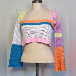Colorblock Crochet Knit Cropped Sweater - Sz S